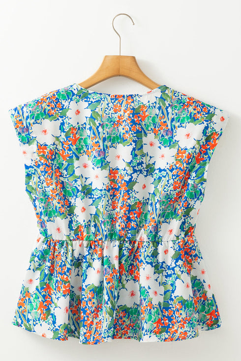 Floral Print Bow Applique Slit Sleeveless Peplum Blouse