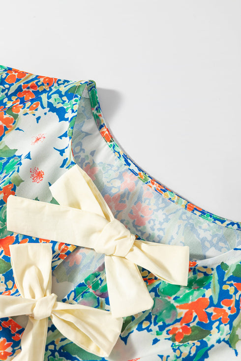 Floral Print Bow Applique Slit Sleeveless Peplum Blouse