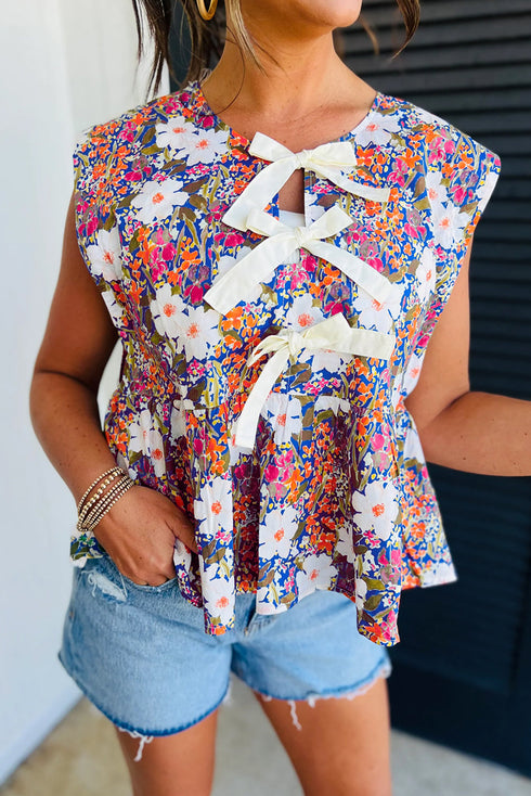 Floral Print Bow Applique Slit Sleeveless Peplum Blouse