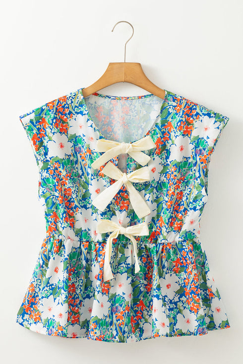 Floral Print Bow Applique Slit Sleeveless Peplum Blouse