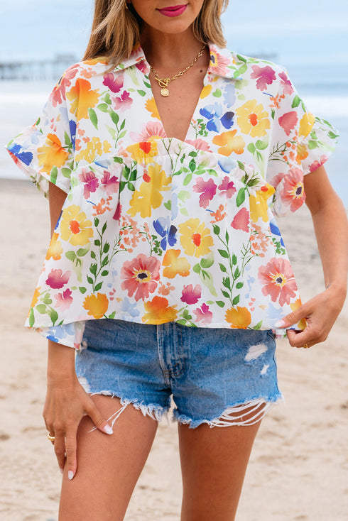 Floral Print Boxy Fit Ruffle Sleeve V Neck Blouse