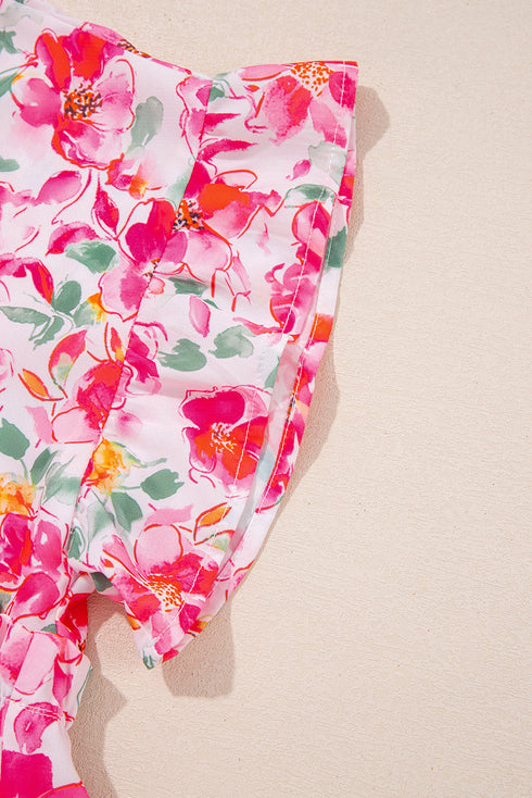 Floral Print Boxy Fit Ruffle Sleeve V Neck Blouse