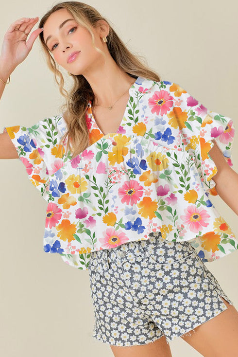 Floral Print Boxy Fit Ruffle Sleeve V Neck Blouse