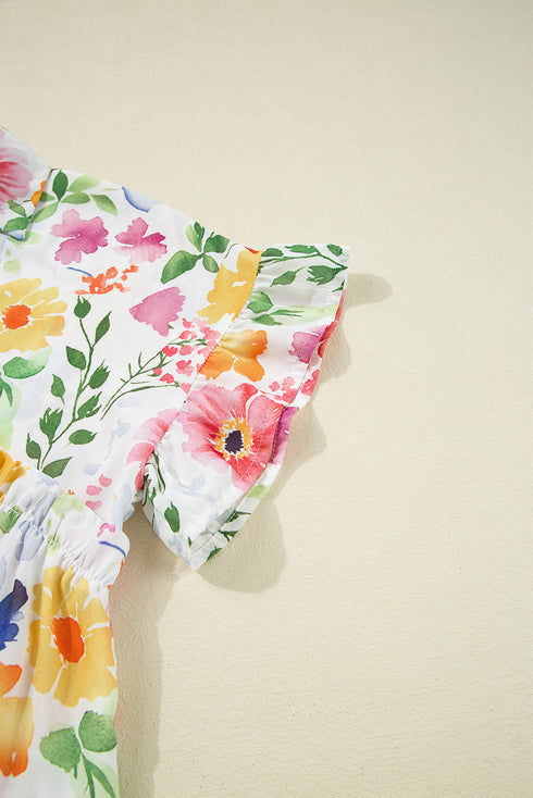 Floral Print Boxy Fit Ruffle Sleeve V Neck Blouse