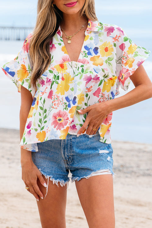 Floral Print Boxy Fit Ruffle Sleeve V Neck Blouse