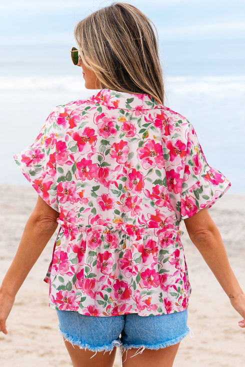 Floral Print Boxy Fit Ruffle Sleeve V Neck Blouse