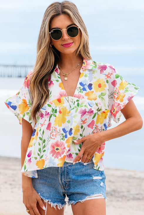 Floral Print Boxy Fit Ruffle Sleeve V Neck Blouse