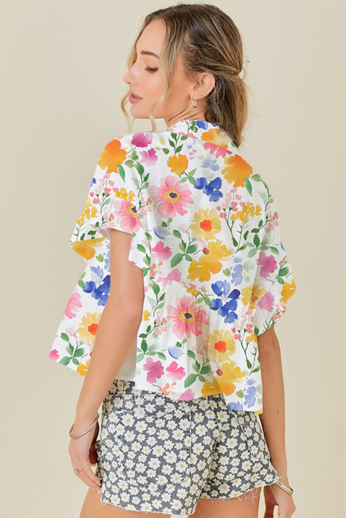 Floral Print Boxy Fit Ruffle Sleeve V Neck Blouse