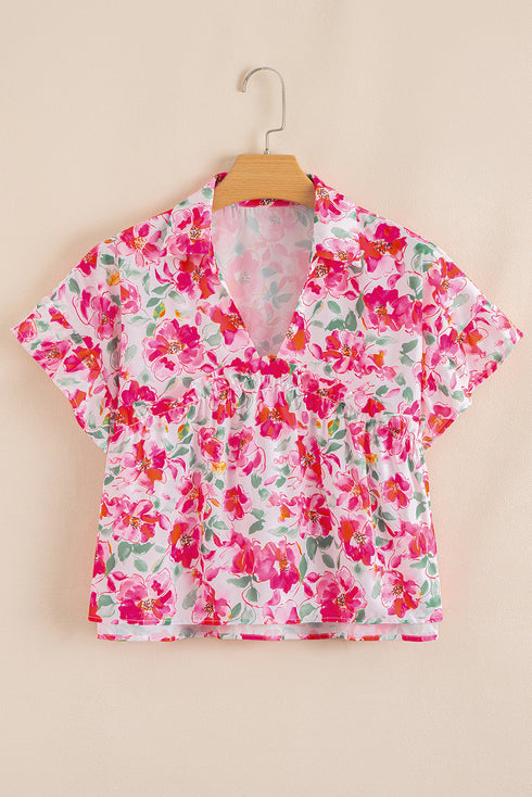 Floral Print Boxy Fit Ruffle Sleeve V Neck Blouse