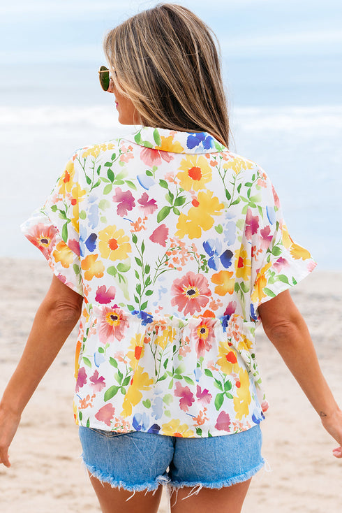 Floral Print Boxy Fit Ruffle Sleeve V Neck Blouse