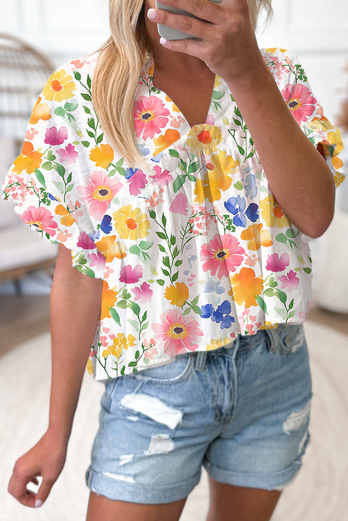 Floral Print Boxy Fit Ruffle Sleeve V Neck Blouse