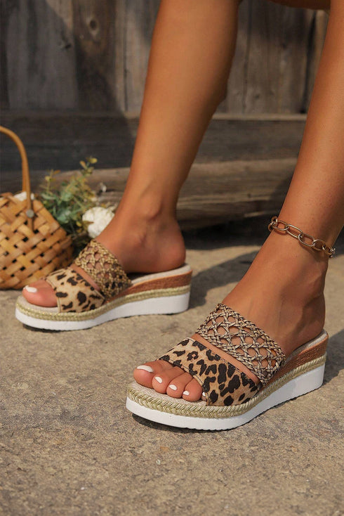 Floral Print Braided Strap Wedge Heel Slippers