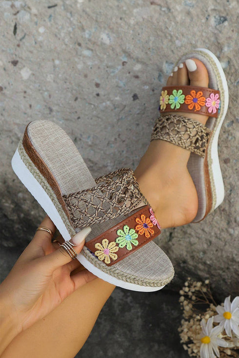 Floral Print Braided Strap Wedge Heel Slippers