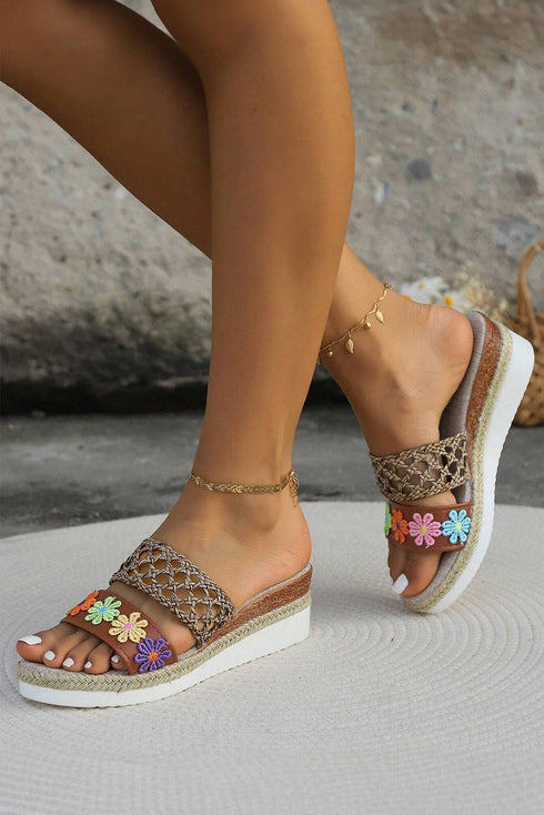 Floral Print Braided Strap Wedge Heel Slippers