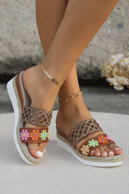 Floral Print Braided Strap Wedge Heel Slippers