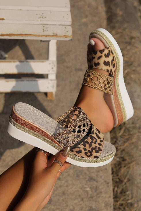 Floral Print Braided Strap Wedge Heel Slippers