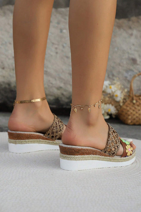 Floral Print Braided Strap Wedge Heel Slippers
