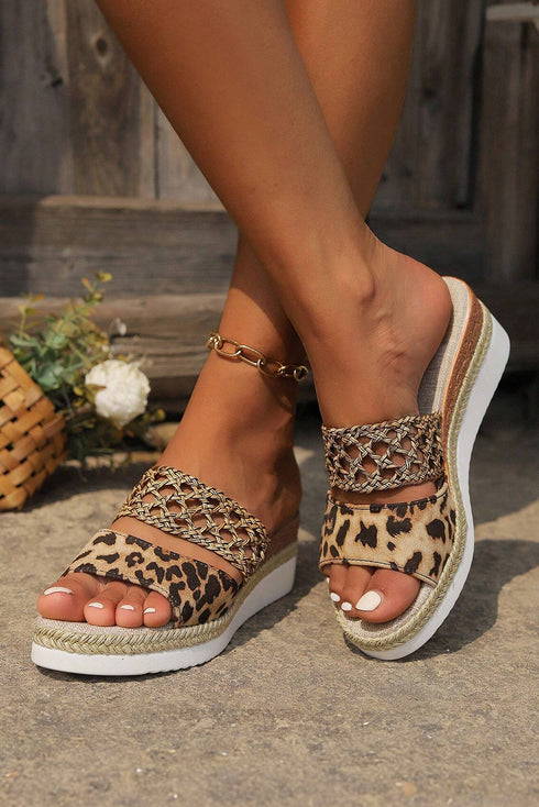 Floral Print Braided Strap Wedge Heel Slippers