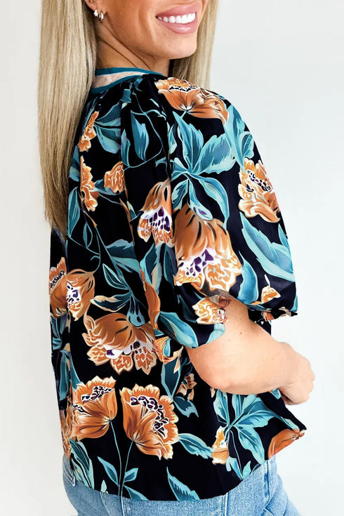 Floral Print Bubble Sleeve Buttoned Notched Neck Blouse