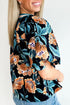 Floral Print Bubble Sleeve Buttoned Notched Neck Blouse