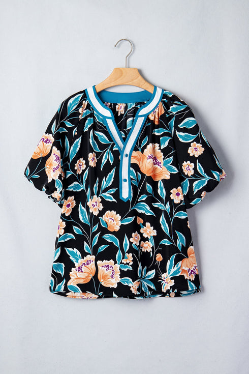 Floral Print Bubble Sleeve Buttoned Notched Neck Blouse
