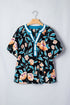 Floral Print Bubble Sleeve Buttoned Notched Neck Blouse