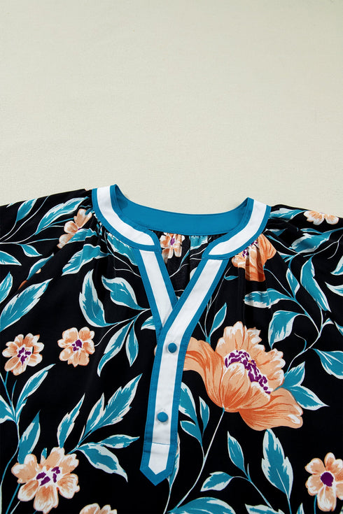 Floral Print Bubble Sleeve Buttoned Notched Neck Blouse