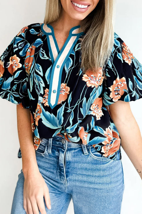 Floral Print Bubble Sleeve Buttoned Notched Neck Blouse