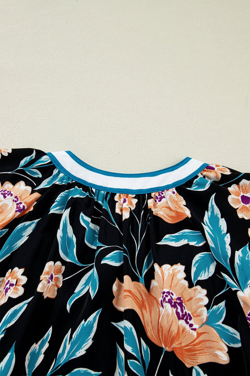 Floral Print Bubble Sleeve Buttoned Notched Neck Blouse