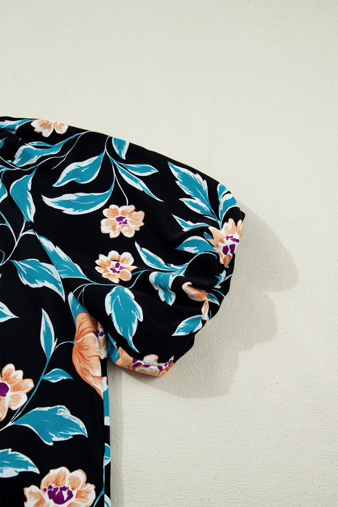 Floral Print Bubble Sleeve Buttoned Notched Neck Blouse