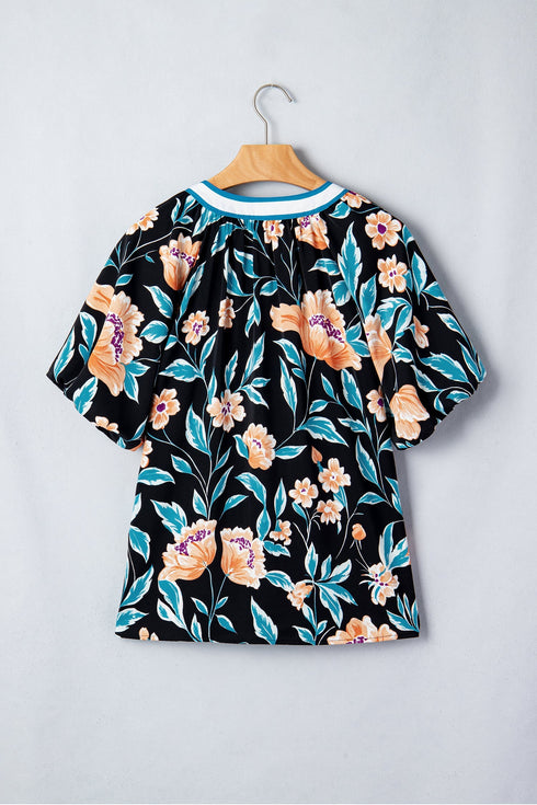 Floral Print Bubble Sleeve Buttoned Notched Neck Blouse