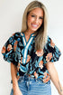 Floral Print Bubble Sleeve Buttoned Notched Neck Blouse