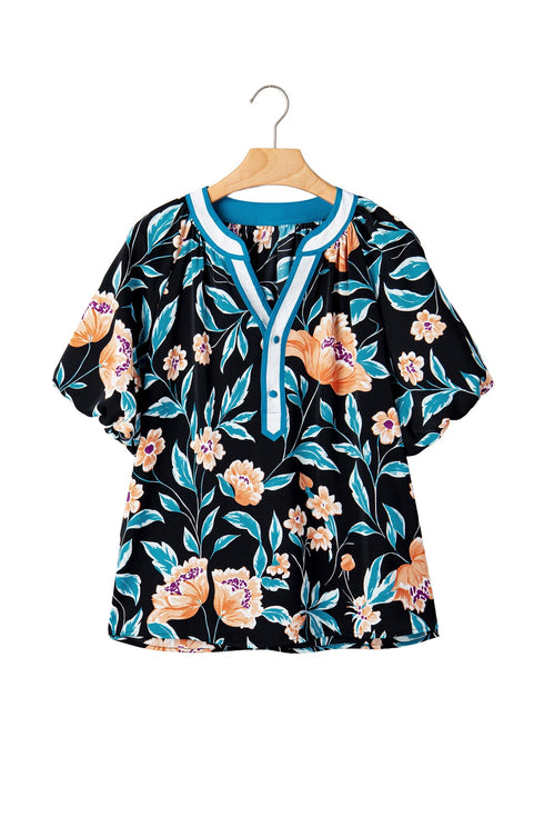 Floral Print Bubble Sleeve Buttoned Notched Neck Blouse