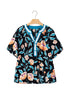 Floral Print Bubble Sleeve Buttoned Notched Neck Blouse