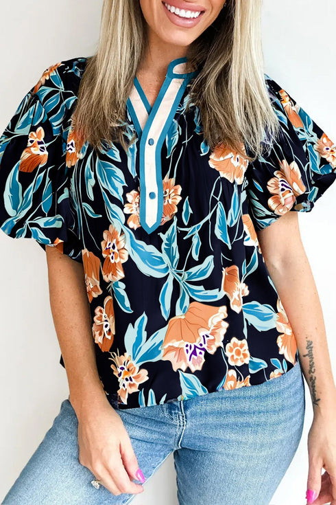 Floral Print Bubble Sleeve Buttoned Notched Neck Blouse