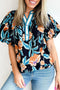 Floral Print Bubble Sleeve Buttoned Notched Neck Blouse