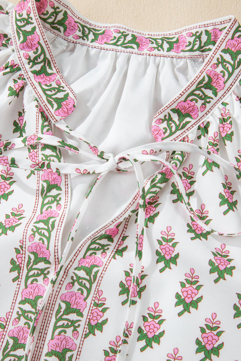 Floral Print Bubble Sleeve Neck Tie Ruffled Dress