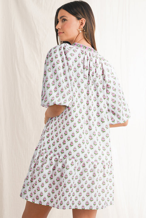 Floral Print Bubble Sleeve Neck Tie Ruffled Dress