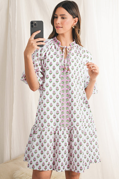 Floral Print Bubble Sleeve Neck Tie Ruffled Dress