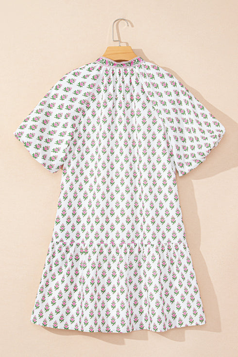 Floral Print Bubble Sleeve Neck Tie Ruffled Dress
