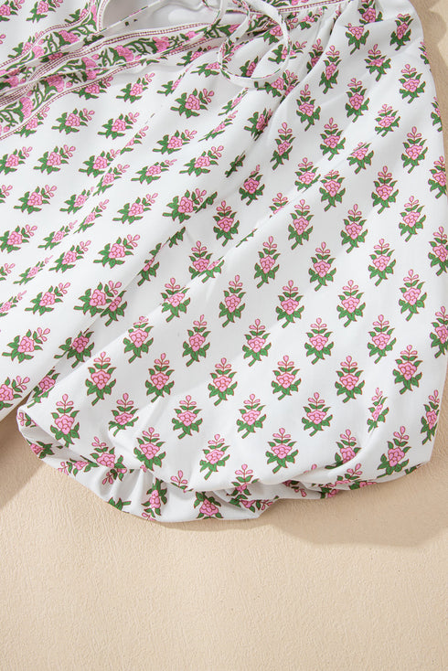 Floral Print Bubble Sleeve Neck Tie Ruffled Dress