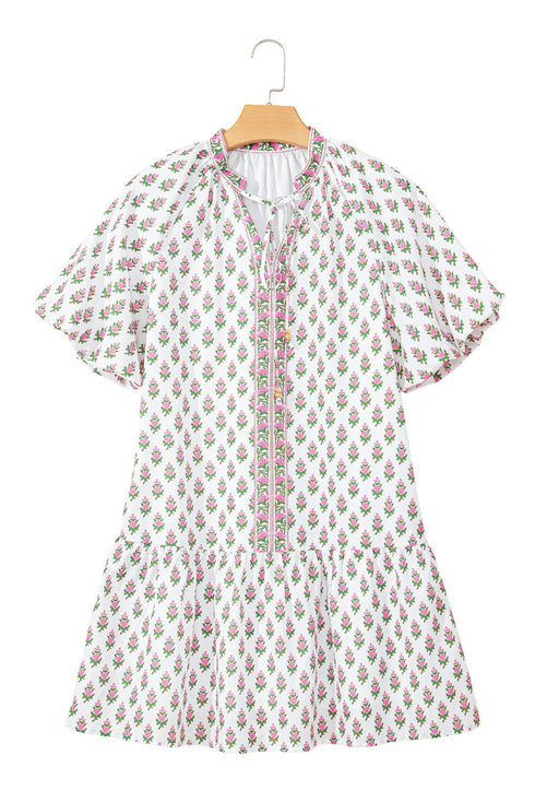 Floral Print Bubble Sleeve Neck Tie Ruffled Dress