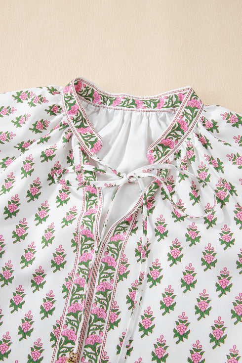 Floral Print Bubble Sleeve Neck Tie Ruffled Dress