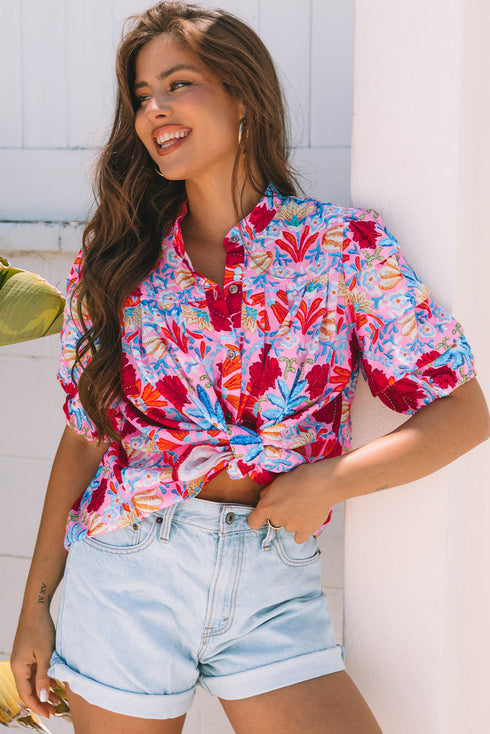 Floral Print Bubble Sleeve Pleated Button Up Shirt