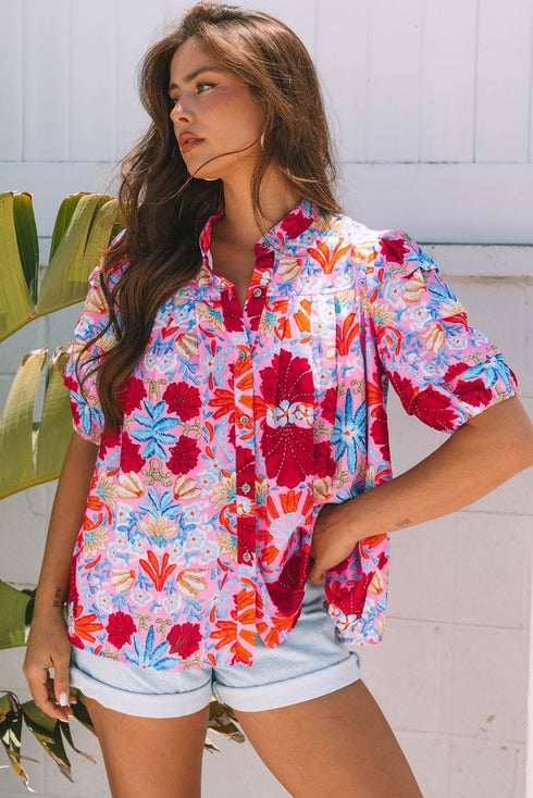 Floral Print Bubble Sleeve Pleated Button Up Shirt