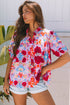 Floral Print Bubble Sleeve Pleated Button Up Shirt