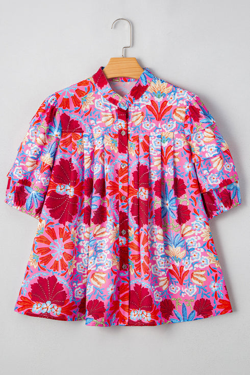 Floral Print Bubble Sleeve Pleated Button Up Shirt
