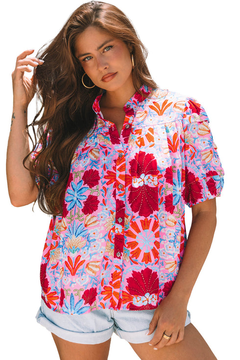 Floral Print Bubble Sleeve Pleated Button Up Shirt