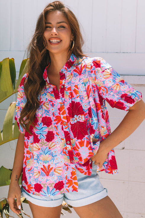 Floral Print Bubble Sleeve Pleated Button Up Shirt