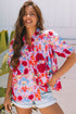 Floral Print Bubble Sleeve Pleated Button Up Shirt